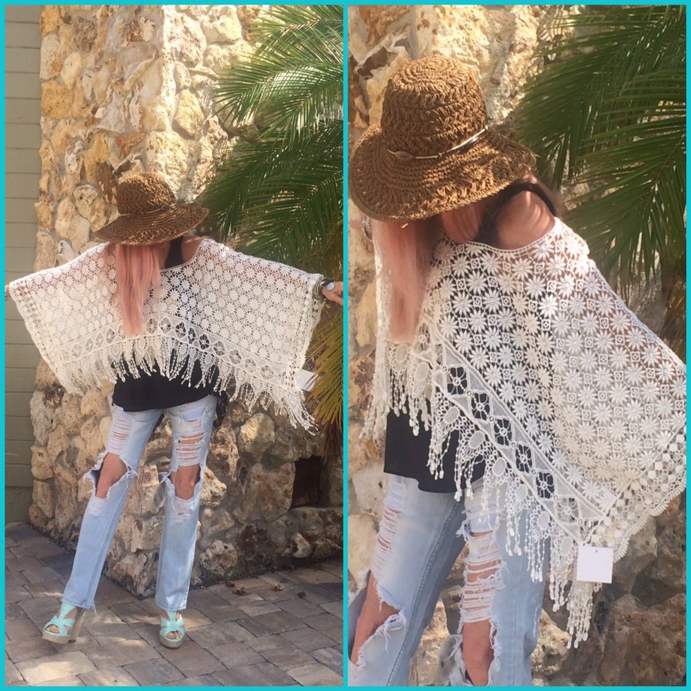 Poncho Style Bohemian Fringe Cream Crochet Top
